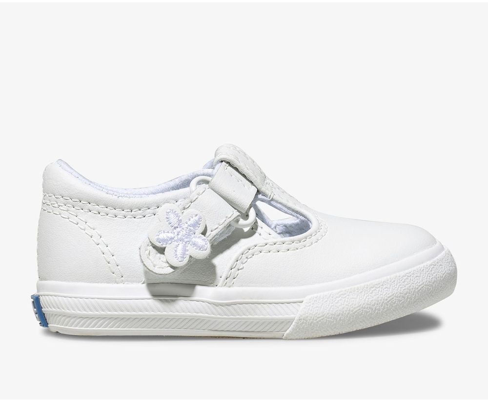 Slip Ons Keds Enfant Blanche - Daphne T-Strap Cuir - 483-VRQFSJ